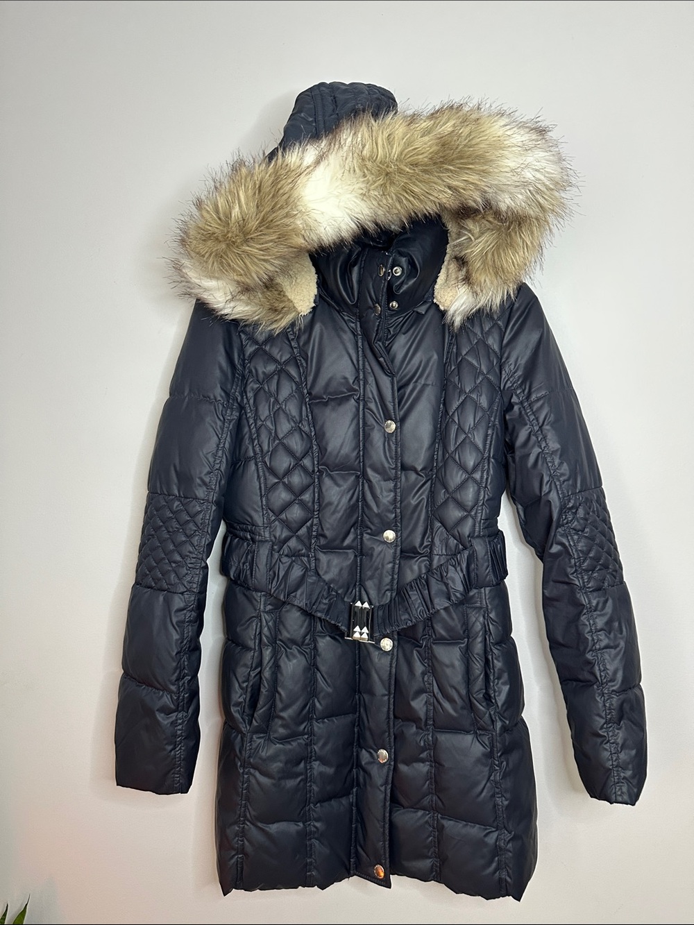 Laundry by Design Black Quilted Puffer Coat with Faux Fur Hood Trim